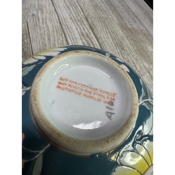 Vtg Chinoiserie Oriental Decorative Bowl Porcelain Painted Teal Floral Pattern - Picture 5 of 7